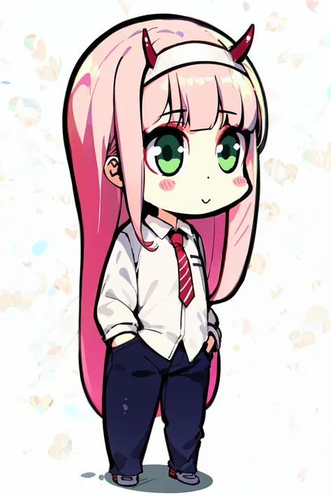 absurdres, 1girl, green eyes, pink hair, long hair, wide-eyed, eyelashes, looking at viewer, zero two, horns, <lora:zerotwo_offset:0.75>, full body, hairband, standing, white shirt, long sleeves, blunt bangs, pants, red necktie, <lora:yuzusoft-chibiV2:0.8> chibi, white background, hands in pockets, (:>:1.0), cute, blush stickers, happy, shoes