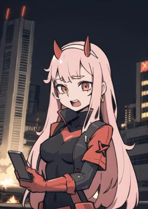 zero two \(darling in the franxx\), 1girl, solo, horns, long pink hair, expression chart, makeup,teeth, red body suit, skin tight, athletic, sci-fi, dystopian city, mecha in the distance, flat chest,fire, burning, embers, technology, depth, (Highest Quality, Amazing Details:1.25), cinematic lighting, unique, whole body in picture <lora:Helltaker:0.4> <lora:Masterpiace:0.1> <lora:02:0.8> <lora:EnvyCuteMix05:0.1> <lora:40_niji:0.2> <lora:nicole:0.8>