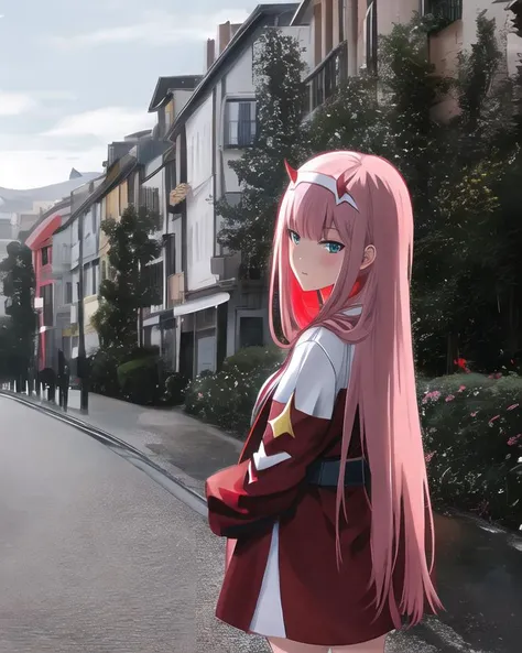 zero two \(darling in the franxx\), darling in the franxx, ((zero two)), 1girl, red car on background, wired complex background, detailed, <lora:zeroTwoDARLINGInThe_offset:0.9>, dalcefo, realistic