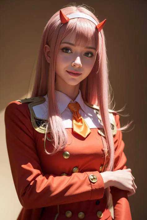 ultra realistic 8k cg, masterpiece, ((ultra detailed background, delicate pattern, intricate detail)), (highly detailed, fine details), best quality, 1girl, (photorealistic:1.4),beautiful lighting, absurdres, RAW photo, film grain, zero two \(darling in the franxx\), darling in the franxx, 1girl, ascot, bangs, green eyes, hairband, horns, long hair, long sleeves, looking at viewer, red jacket, closed jacket, military uniform, oni horns, orange ascot, pink hair, red horns, simple background, smile, solo, standing, uniform, white hairband, ((full body)),
<lora:zeroTwoDARLINGInThe_offset:1>, ulzzang-6500-v1.1, pureerosface_v1