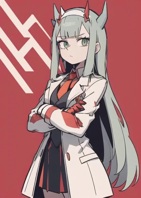 zero two \(darling in the franxx\), darling in the franxx, 1girl, bangs, black eyeliner, blunt bangs, character name, closed mouth, coat, cowboy shot, crossed arms, dress, green eyes, hairband, horns, long hair, looking at viewer, military, military uniform, necktie, oni horns, orange necktie, pink hair, red background, red dress, red horns, simple background, solo, standing, straight-on, uniform, white coat, white hairband <lora:EnvyCuteMix05:0.4> <lora:Helltaker:0.3> <lora:40_niji:0.4> <lora:Masterpiace:0.1>