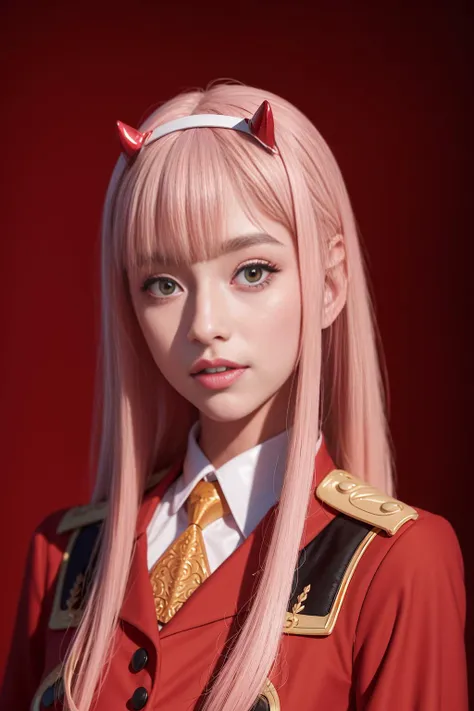 ultra realistic 8k cg, masterpiece, ((ultra detailed background, delicate pattern, intricate detail)), (highly detailed, fine details), best quality, 1girl, (photorealistic:1.4),beautiful lighting, absurdres, RAW photo, film grain, zero two \(darling in the franxx\), darling in the franxx, 1girl, ascot, bangs, green eyes, hairband, horns, long hair, long sleeves, looking at viewer, red jacket, closed jacket, military uniform, oni horns, orange ascot, pink hair, red horns, simple background, smile, solo, standing, uniform, white hairband, full body,
<lora:zeroTwoDARLINGInThe_offset:1>, ulzzang-6500-v1.1, pureerosface_v1
