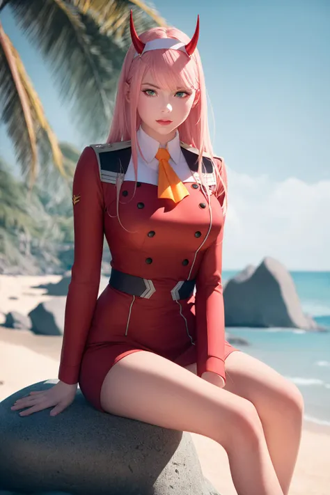 masterpiece, (photorealistic:1.4), best quality, beautiful lighting, zero two \(darling in the franxx\), darling in the franxx, 1girl, ascot, bangs, blue background, green eyes, hairband, horns, long hair, long sleeves, looking at viewer, red jacket, closed jacket, military uniform, oni horns, orange ascot, pink hair, red horns, simple background,  solo,  uniform, white hairband , intricate details, natural light, RAW photo, 8k uhd, film grain, full body, full growth, beach, sitting on the stone, legs, <lora:zeroTwoDARLINGInThe_offset:1>