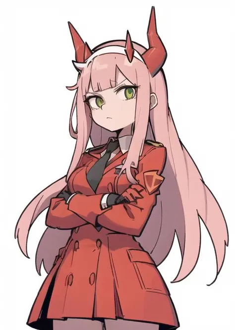 zero two \(darling in the franxx\), darling in the franxx, 1girl, bangs, black eyeliner, blunt bangs, character name, closed mouth, coat, cowboy shot, crossed arms, dress, green eyes, hairband, horns, long hair, looking at viewer, military, military uniform, necktie, oni horns, orange necktie, pink hair, red background, red dress, red horns, simple background, solo, standing, straight-on, uniform, white coat, white hairband <lora:EnvyCuteMix05:0.4> <lora:Helltaker:0.3> <lora:40_niji:0.4> <lora:Masterpiace:0.1>