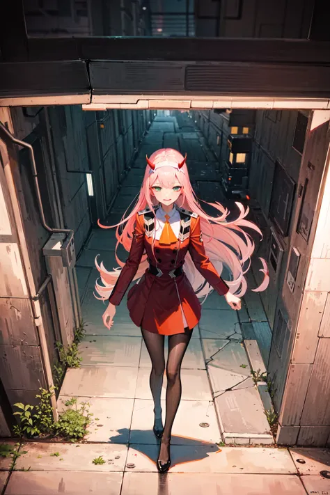 very detailed background, masterpiece, best quality, 1girl, solo, ((masterpiece, best quality)),best aesthetic, zero two \(darling in the franxx\), darling in the franxx, 1girl, ascot, bangs, blue background, green eyes, hairband, horns, long hair, long sleeves, looking at viewer, red jacket, closed jacket, military uniform, oni horns, orange ascot, pink hair, red horns, cyberpunk background, city at night, vibrant nightlife, smile, solo, walking, uniform, white hairband, ((masterpiece)), <lora:zeroTwoDARLINGInThe_offset:1>