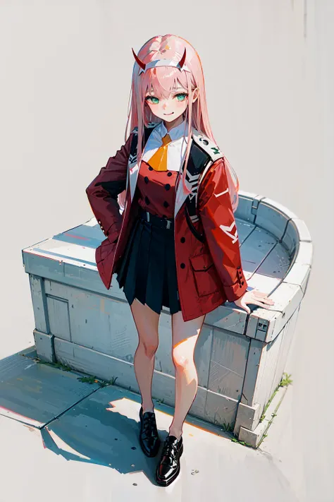 very detailed background, masterpiece, best quality, 1girl, solo, ((masterpiece, best quality)),best aesthetic, zero two \(darling in the franxx\), darling in the franxx, 1girl, ascot, bangs, blue background, green eyes, hairband, horns, long hair, long sleeves, looking at viewer, red jacket, closed jacket, military uniform, oni horns, orange ascot, pink hair, red horns, simple background, smile, solo, standing, uniform, white hairband, ((masterpiece)), <lora:zeroTwoDARLINGInThe_offset:1>