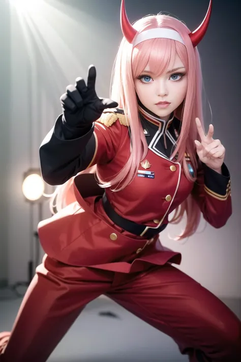 masterpiece, (photorealistic:1.4), arcane effects, best quality, beautiful lighting, zero two \(darling in the franxx\), darling in the franxx, (extreme face closeup shot), 1girl, ascot, bangs, green eyes, long hair, long sleeves, looking at viewer, closed jacket, military uniform, orange ascot, pink hair, in shadow, (hairband), (red eyeliner), (evil grin), light particles, devilish, solo, standing, uniform, natural light, photorealistic, (octane render),(hyperrealistic:1.3), aesthetic, spectacular, beautiful face, cute, ultra realistic 8k, 3d, cg, masterpiece, extraordinary, incredible, exquisite, extremely detailed, hyper detailed, (perfect face), (red horns:1.2), red jacket, red military uniform, black pants, red pants, (red wings), dark background, (spotlight:1.2), (action pose:1.6), (determined expression), frown, <lora:zeroTwoDARLINGInThe_offset:0.2>