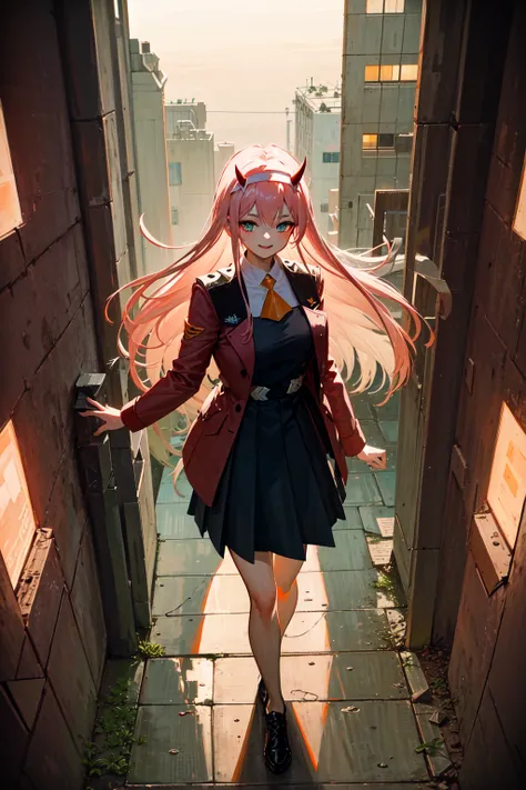 very detailed background, masterpiece, best quality, 1girl, solo, ((masterpiece, best quality)),best aesthetic, zero two \(darling in the franxx\), darling in the franxx, 1girl, ascot, bangs, blue background, green eyes, hairband, horns, long hair, long sleeves, looking at viewer, red jacket, closed jacket, military uniform, oni horns, orange ascot, pink hair, red horns, cyberpunk background, city at night, vibrant nightlife, smile, solo, walking, uniform, white hairband, ((masterpiece)), <lora:zeroTwoDARLINGInThe_offset:1>