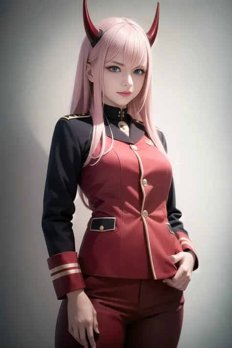 masterpiece, (photorealistic:1.4), best quality, beautiful lighting, zero two \(darling in the franxx\), darling in the franxx, 1girl, ascot, bangs, green eyes, long hair, long sleeves, looking at viewer, closed jacket, military uniform, orange ascot, pink hair, simple background, (evil grin), devilish, evil, solo, standing, uniform, natural light, photorealistic, (octane render:1.2),(hyperrealistic:1.3), aesthetic, spectacular, beautiful face, cute, ultra realistic 8k, 3d, cg, masterpiece, absurdres, extraordinary, incredible, exquisite, extremely detailed, hyper detailed, (perfect face), (red horns:1.2), red jacket, red military uniform, black pants, red pants, (red wings), blue sky background, action pose, <lora:zerotwo_offset:1.4>
