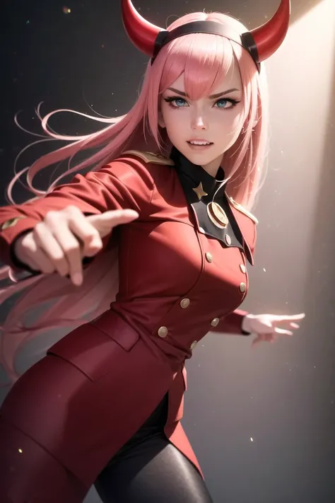 masterpiece, (photorealistic:1.4), arcane effects, best quality, beautiful lighting, zero two \(darling in the franxx\), darling in the franxx, (extreme face closeup shot), 1girl, ascot, bangs, green eyes, long hair, long sleeves, looking at viewer, closed jacket, military uniform, orange ascot, pink hair, in shadow, (hairband), (red eyeliner), (evil grin:1.3), light particles, devilish, evil, solo, standing, uniform, natural light, photorealistic, (octane render),(hyperrealistic:1.3), aesthetic, spectacular, beautiful face, cute, ultra realistic 8k, 3d, cg, masterpiece, extraordinary, incredible, exquisite, extremely detailed, hyper detailed, (perfect face), (red horns:1.2), red jacket, red military uniform, black pants, red pants, (red wings), dark background, (spotlight:1.2), (action pose:1.6), (angry expression), frown, <lora:zeroTwoDARLINGInThe_offset:0.4>