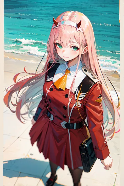 very detailed background, masterpiece, best quality, 1girl, solo, ((masterpiece, best quality)),best aesthetic, zero two \(darling in the franxx\), darling in the franxx, 1girl, ascot, bangs, blue background, green eyes, hairband, horns, long hair, long sleeves, looking at viewer, red jacket, closed jacket, military uniform, oni horns, orange ascot, pink hair, red horns, simple background, smile, solo, standing, uniform, white hairband, ((masterpiece)), <lora:zeroTwoDARLINGInThe_offset:1>