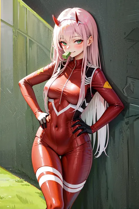 very detailed background, masterpiece, best quality, 1girl, solo, ((masterpiece, best quality)),best aesthetic, zero two \(darling in the franxx\), darling in the franxx, bangs, biting, blush, covered navel, eyeshadow, green eyes, hair behind head, hand on hip, horns, smile, long hair, looking at viewer, makeup, medium breasts, pilot suit, red suit, pink hair, red eyeshadow, science fiction, skin tight, <lora:zeroTwoDARLINGInThe_offset:1>