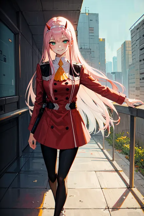 very detailed background, masterpiece, best quality, 1girl, solo, ((masterpiece, best quality)),best aesthetic, zero two \(darling in the franxx\), darling in the franxx, 1girl, ascot, bangs, blue background, green eyes, hairband, horns, long hair, long sleeves, looking at viewer, red jacket, closed jacket, military uniform, oni horns, orange ascot, pink hair, red horns, cyberpunk background, city at night, vibrant nightlife, smile, solo, walking, uniform, white hairband, ((masterpiece)), <lora:zeroTwoDARLINGInThe_offset:1>