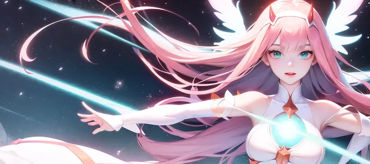 <lora:zeroTwoDARLINGInThe_offset:0.8>, zero two \(darling in the franxx\), ultra detailed cg, upper body in frame, solo, medium breasts, mature, looking at viewer, pink hair, turquoise eyes, red magical girl dress, star wand, space in background, stars, planets, shooting stars, magic, <lora:fashionGirl_v20SmallFileSize:0.8>