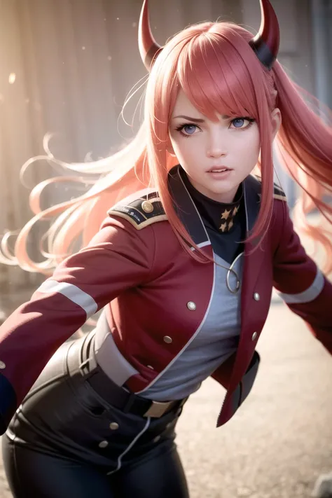 masterpiece, (photorealistic:1.4), arcane effects, best quality, beautiful lighting, zero two \(darling in the franxx\), darling in the franxx, 1girl, ascot, bangs, green eyes, long hair, long sleeves, looking at viewer, closed jacket, military uniform, orange ascot, pink hair, simple background, (evil grin), light particles, devilish, evil, solo, standing, uniform, natural light, photorealistic, (octane render),(hyperrealistic:1.3), aesthetic, spectacular, beautiful face, cute, ultra realistic 8k, 3d, cg, masterpiece, extraordinary, incredible, exquisite, extremely detailed, hyper detailed, (perfect face), (red horns:1.2), red jacket, red military uniform, black pants, red pants, (red wings), dark background, spotlight, (action pose), (angry expression), frown, <lora:zerotwo_offset:1.4>