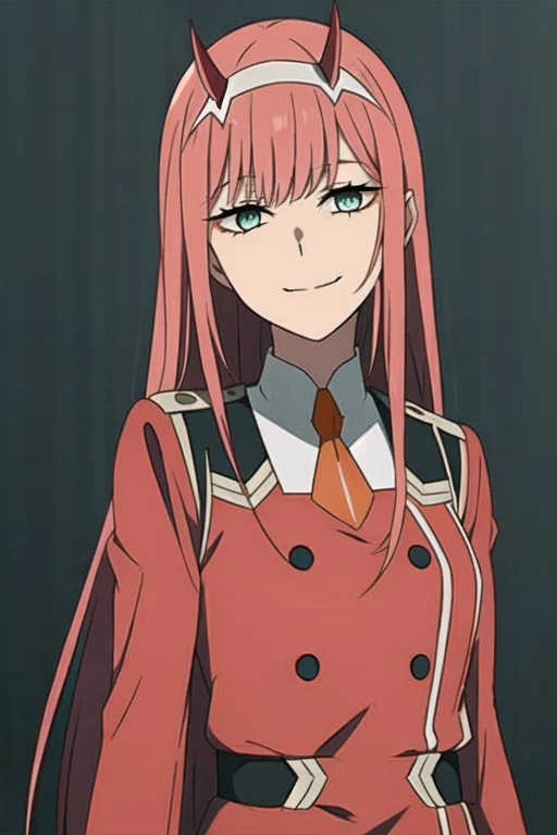 zero two \(darling in the franxx\), darling in the franxx, 1girl, ascot, bangs, blue background, green eyes, hairband, horns, long hair, long sleeves, looking at viewer, red jacket, closed jacket, military uniform, oni horns, orange ascot, pink hair, red horns, simple background, smile, solo, standing, uniform, white hairband, ((masterpiece)), <lora:zeroTwoDARLINGInThe_offset:1>, <lora:mappaLikeStyleV05_v05:0.4>