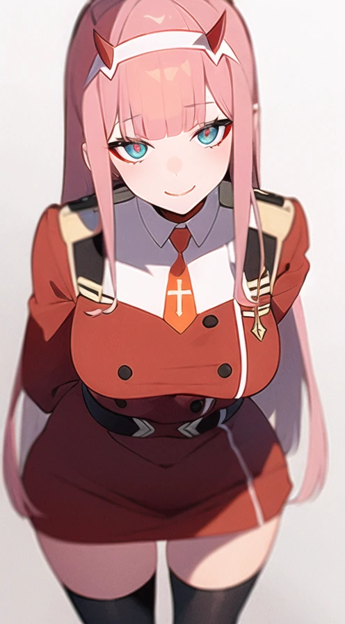 zero two, darling in the franxx, 1girl, aqua eyes, bangs, blunt bangs, breasts, closed mouth, cowboy shot, hairband, horns, leaning forward, long hair, looking at viewer, medium breasts, necktie, oni horns, orange necktie, pink hair, red horns, smile, solo, standing, straight-on, white background, white hairband, zero two, military clothing, best quality, detailed eye, detailed png, pussy <lora:zeroTwoDARLINGInThe_offset:1.1>