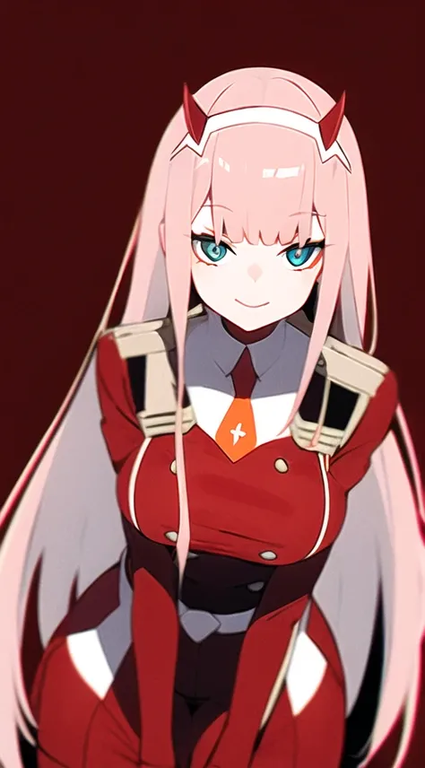 zero two, darling in the franxx, 1girl, aqua eyes, bangs, blunt bangs, breasts, closed mouth, cowboy shot, hairband, horns, leaning forward, long hair, looking at viewer, medium breasts, necktie, oni horns, orange necktie, pink hair, red horns, smile, solo, standing, straight-on, white background, white hairband, zero two, military clothing, best quality, detailed eye, detailed png, pussy <lora:zeroTwoDARLINGInThe_offset:1.1>