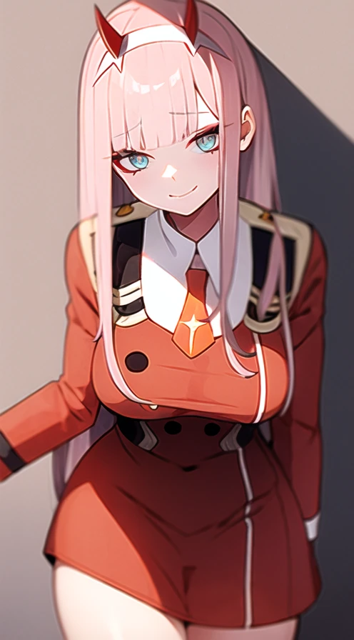 zero two, darling in the franxx, 1girl, aqua eyes, bangs, blunt bangs, breasts, closed mouth, cowboy shot, hairband, horns, leaning forward, long hair, looking at viewer, medium breasts, necktie, oni horns, orange necktie, pink hair, red horns, smile, solo, standing, straight-on, white background, white hairband, zero two, military clothing, best quality, detailed eye, detailed png, pussy <lora:zeroTwoDARLINGInThe_offset:1.1>