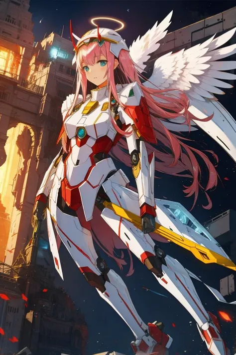 masterpiece, human face, ((angel halo)), psychedelic, mecha musume, mechanical parts, robot joints, solo, ((zero two)), BREAK, destroyed city, night, bloom, BREAK, whirlwind of fire,  <lora:A-Mecha-REN[color_theme,mecha musume, mechanical parts, robot joints,headgear,full armor]:0.7> , 
 <lora:zerotwo_offset:1>