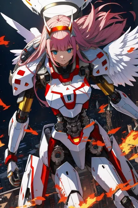 masterpiece, human face, ((angel halo)), psychedelic, mecha musume, mechanical parts, robot joints, solo, ((zero two)), BREAK, destroyed city, night, bloom, BREAK, whirlwind of fire,  <lora:A-Mecha-REN[color_theme,mecha musume, mechanical parts, robot joints,headgear,full armor]:0.7> , 
 <lora:zerotwo_offset:1>