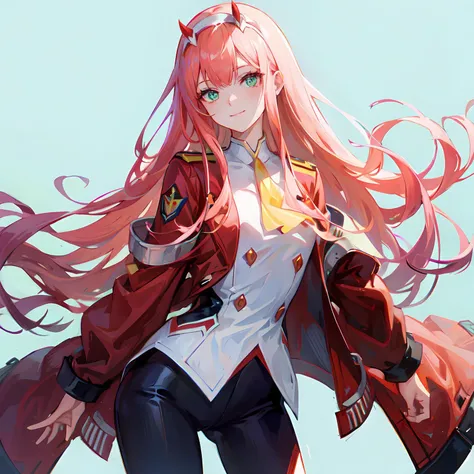 zero two \(darling in the franxx\), darling in the franxx, 1girl, ascot, bangs, blue background, green eyes, hairband, horns, long hair, long sleeves, looking at viewer, red jacket, closed jacket, military uniform, oni horns, orange ascot, pink hair, red horns, simple background, smile, solo, standing, uniform, white hairband, ((masterpiece)), <lora:zero_two_offset:1>