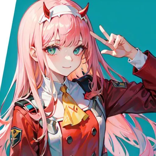 zero two \(darling in the franxx\), darling in the franxx, 1girl, ascot, bangs, blue background, green eyes, hairband, horns, long hair, long sleeves, looking at viewer, red jacket, closed jacket, military uniform, oni horns, orange ascot, pink hair, red horns, simple background, smile, solo, standing, uniform, white hairband, ((masterpiece)), <lora:zero_two_offset:1>