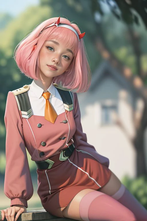 zero two, zero two \(darling in the franxx\), darling in the franxx, glowing green eyes, hairband, long sleeves, , red jacket,red  closed jacket, red military uniform, horns,  oni horns, orange ascot,
petite, focus,, looking at viewer,  (full body:1.2), leaning, sitting, 
ankymoore,  ( illustration:1.4),
hmaw6, ,ankymoore, posing, 
flat breast, flat chest, straight hair,  looking at viewer,   (masterpiece), , <lora:ankymoore:0.65>
 (tight gap:1.3), 
 solo, beautiful face,  
( bright pink hair:1.5), short hair, (bushy hair:1.4), bangs, white headband,
(dynamic angle:1.2),
[(
(blush:1.7),cute smile, smirk, 
makeup, heavy red eyeliner, stephanie,  
 (best quality:1.2), absurdres, tight clothes, (masterpiece, best quality),  ((blushing)),  freckles,
absurdres,   best quality, face focus, (8k, masterpiece:1.2),
 bloom,accent lighting, film grain, 
simple background, (blurry background:1.8),  (bokeh:1.3),pink leafs, trees, school isle, 
, garnet belt, stockings,
<lora:add_detail:0.2>  <lora:FilmG2:0.6>   ,<lora:lit:0.41>, <lora:stephanie_V2:0.55>  
):8]
<lora:zerotwo_offset:1>