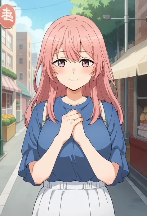 score_9, score_8_up, score_7_up, source_anime,
<lora:SonoBisqueDoll_InuiShinjuXL:0.8>, InuiShinju,
1girl, closed mouth, blush, light smile,
pink hair, long hair, lavender eyes,
InuiCasual, blue shirt, shirt tucked in, short sleeves, white skirt,
standing, looking at viewer, knees, hands between legs,
outdoors, city, street, storefront