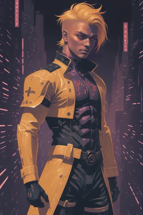 dynstopian cyberpunk, duotone muted violet and vivid copper, (full body:1.2), 1boy, man, bishounen, solo, [:fantastical costume design,:0.2] crusader, japanese, lightyellow hair, (average:1) build<lora:EnvyStarlightDystopianCyberpunk01:1>