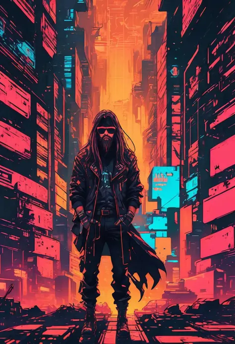 dystopian style anime artwork {Masculine male, Long hair, epic long beard, aviator sunglasses, leather jacket, torn tactical jeans, fingerless leather gloves, dystopian cyber city background} . anime style, key visual, vibrant, studio anime, highly detailed, post-apocalyptic, somber, dramatic, highly detailed, neon, dystopian, futuristic, digital, vibrant, detailed, high contrast, reminiscent of cyberpunk genre video games