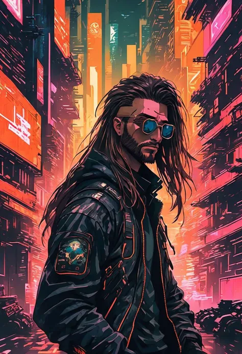 dystopian style anime artwork {Masculine male, Long hair, epic long beard, aviator sunglasses, leather jacket, torn tactical jeans, fingerless leather gloves, dystopian cyber city background} . anime style, key visual, vibrant, studio anime, highly detailed, post-apocalyptic, somber, dramatic, highly detailed, neon, dystopian, futuristic, digital, vibrant, detailed, high contrast, reminiscent of cyberpunk genre video games