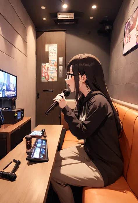 masterpiece, best quality, very aesthetic, absurdres,
1girl, solo, glasses, black hair, long hair, black hoodie, singing, holding microphone, karaoke, sitting, looking at another, upper body,
karaokeroom, scenery, table, door, indoors, couch, television,joypad, microphone,
<lora:karaokeroom_SDXL_V1:1>