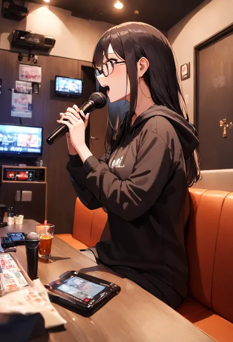 masterpiece, best quality, very aesthetic, absurdres,
1girl, solo, glasses, black hair, long hair, black hoodie, singing, holding microphone, karaoke, sitting, looking at another, upper body, 
karaokeroom, scenery, table, door, indoors, couch, television,joypad, microphone,
<lora:karaokeroom_SDXL_V1:1>