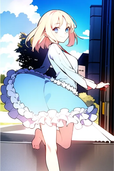 <lora:sajoumanaka-000016:1>,((masterpiece)),(((bestquality))),((ultra-detailed)),1girl, solo, barefoot, standing, building, smile, floating hair, dutch angle, closed mouth, looking away, outdoors