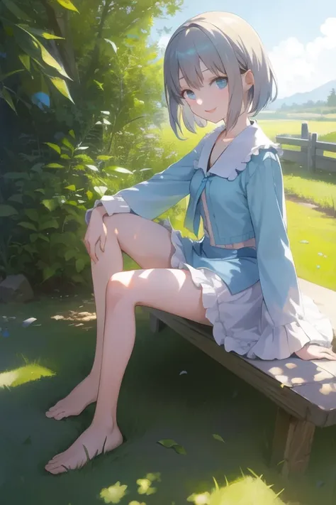 <lora:sajoumanaka-000016:0.6>,1girl,sajoumanaka,((masterpiece)),(((bestquality))),((ultra-detailed)), solo, barefoot, knees up, sitting, looking at viewer, grass, short hair, smile,outdoors, bangs, on ground, full body, sunlight,dappled sunlight, day, depth of field