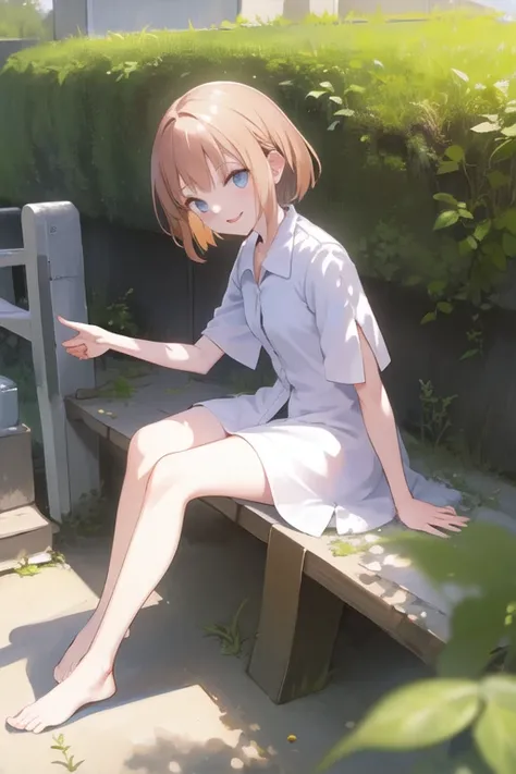 <lora:sajoumanaka-000016:0.8>,1girl,((masterpiece)),(((bestquality))),((ultra-detailed)), solo, barefoot, knees up, sitting, looking at viewer, grass, short hair, smile,outdoors, bangs, on ground, full body, sunlight,dappled sunlight, day, depth of field