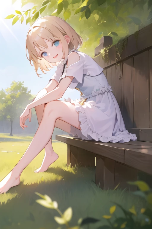 <lora:sajoumanaka-000016:0.8>,1girl,((masterpiece)),(((bestquality))),((ultra-detailed)), solo, barefoot, knees up, sitting, looking at viewer, grass, short hair, smile,outdoors, bangs, on ground, full body, sunlight,dappled sunlight, day, depth of field