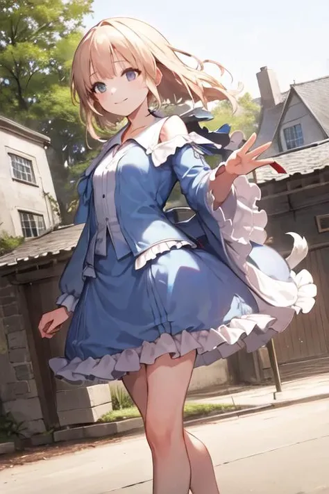 <lora:sajoumanakaV2-000018:1>,((masterpiece)),(((bestquality))),((ultra-detailed)),1girl, solo, barefoot, standing, building, smile, floating hair, dutch angle, closed mouth, looking away, outdoors