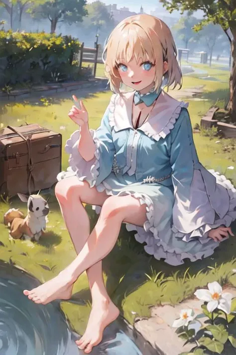 <lora:sajoumanakaV3-000006:1>,1girl, ((masterpiece)),(((bestquality))),((ultra-detailed)), solo, barefoot, knees up, sitting, looking at viewer, grass, short hair, smile,outdoors, bangs, on ground, full body, sunlight,dappled sunlight, day, depth of field