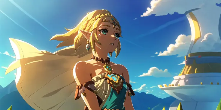 ZeldaTOTK, princess zelda, 1girl, jewelry, pointy ears, blonde hair, crown braid, short hair, triforce, solo, earrings, looking away, tears, face marking, (wide shot:1.2), clouds, floating island