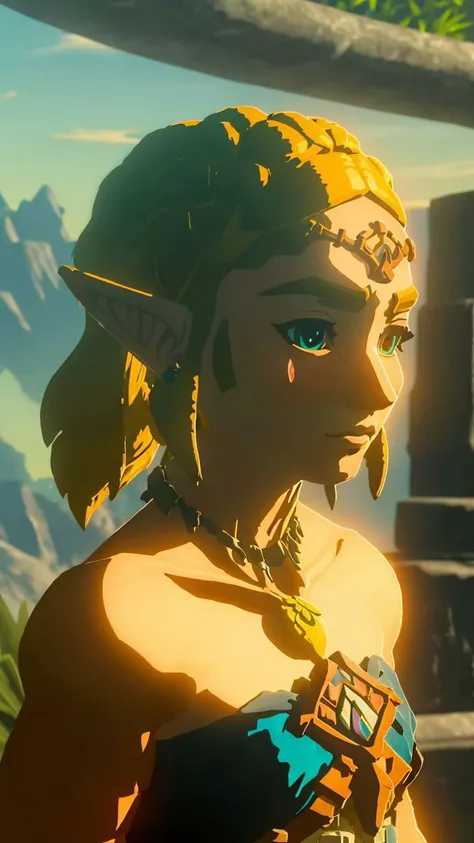 ZeldaTOTK,princess zelda,1girl,jewelry,pointy ears,blonde hair,crown braid,short hair,triforce,solo,earrings,strapless,bare shoulders,bikini,braid,strapless bikini,necklace,bracelet,upper body,blue eyes,armlet,looking at viewer,thick eyebrows,alternate costume,hair ornament,hairclip,collarbone BREAK Disgusted BREAK Procedural landscape generation,fantasy-specific post-processing effects,advanced cloud shading,dynamic foliage,adaptive environment reflections,light probes,multi-bounce indirect lighting,color harmony BREAK High-quality normal mapping,subsurface scattering v2,eyelid shadows,lip compression,dynamic facial asymmetry,translucency,backscattered light,artistic portrait lighting,<lora:botw_style_offset:0.7>,<lora:ZeldaTOTK:1>,