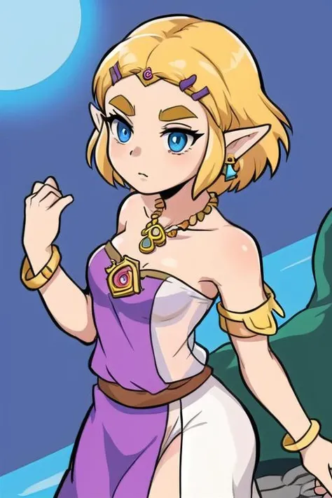 ZeldaTOTK, princess zelda, 1girl, magical aura, jewelry, pointy ears, blonde hair, crown braid, short hair, triforce, solo, earrings, braid, wearing see-through purple sequined outfit, necklace, bracelet, , blue eyes, armlet, thick eyebrows, hairclip, showstopping extraordinary oasis ambience with archipelago background, simple colors, cel shading, hard shadows, outlines, vector art <lora:ZeldaTOTK:0.7>