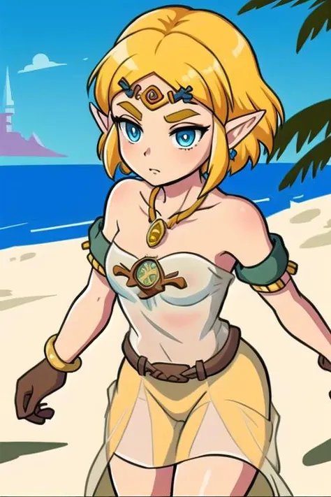 ZeldaTOTK, princess zelda, 1girl, naked, jewelry, pointy ears, blonde hair, crown braid, short hair, triforce, solo, earrings, braid, wearing see-through yellow workwear outfit, necklace, bracelet, gloves, blue eyes, armlet, thick eyebrows, hair ornament, striking scarce city aura with coastal desert background, simple colors, cel shading, hard shadows, outlines, vector art <lora:ZeldaTOTK:0.7>