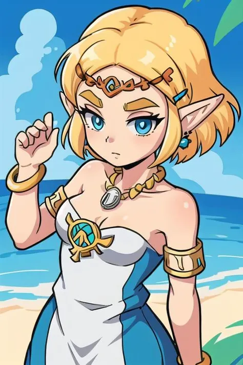 ZeldaTOTK, princess zelda, 1girl, naked, jewelry, pointy ears, blonde hair, crown braid, short hair, triforce, solo, earrings, braid, wearing see-through blue luxury clothing outfit, necklace, bracelet, , blue eyes, armlet, thick eyebrows, hairclip, miraculous flourishing clear skies ambience with boreal ocean background, simple colors, cel shading, hard shadows, outlines, vector art <lora:ZeldaTOTK:0.7>