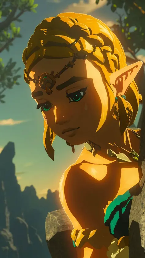 ZeldaTOTK,princess zelda,1girl,jewelry,pointy ears,blonde hair,crown braid,short hair,triforce,solo,earrings,strapless,bare shoulders,bikini,braid,strapless bikini,necklace,bracelet,upper body,blue eyes,armlet,looking at viewer,thick eyebrows,alternate costume,hair ornament,hairclip,collarbone BREAK Disgusted BREAK Procedural landscape generation,fantasy-specific post-processing effects,advanced cloud shading,dynamic foliage,adaptive environment reflections,light probes,multi-bounce indirect lighting,color harmony BREAK High-quality normal mapping,subsurface scattering v2,eyelid shadows,lip compression,dynamic facial asymmetry,translucency,backscattered light,artistic portrait lighting,<lora:botw_style_offset:0.7>,<lora:ZeldaTOTK:1>,