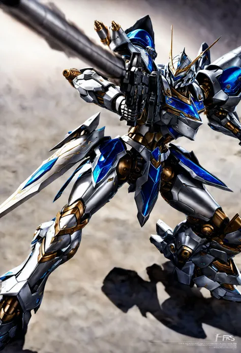 (FRS),masterpiece,best quality,absurdres,concept art,official_wallpaper,depth of field,Chiaroscuro Lighting Style,A medieval knight-like combat robot,silver metallic body with blue highlights,contrasting with a slender waist,the torso and limbs are encased in thick and angular armoured plates like European armour helmets,A longsword in a metal scabbard is attached to the waist,The armour and weapons are intricately decorated,the robot is kneeling on one leg on a debris-filled battlefield,about to fire a large plasma cannon mounted on its back,the robot's left hand holds the cannon stock while its right hand supports the long barrel and aims at an invisible target,the plasma cannon has copper pipes and shining teal accents indicating that it is powered up to release a powerful blast,<lora:srd_v2_7_7_m1_D256:1>,<lora:Chiaroscuro Lighting Style:1>,<lora:flat_sdxl:-1>,
