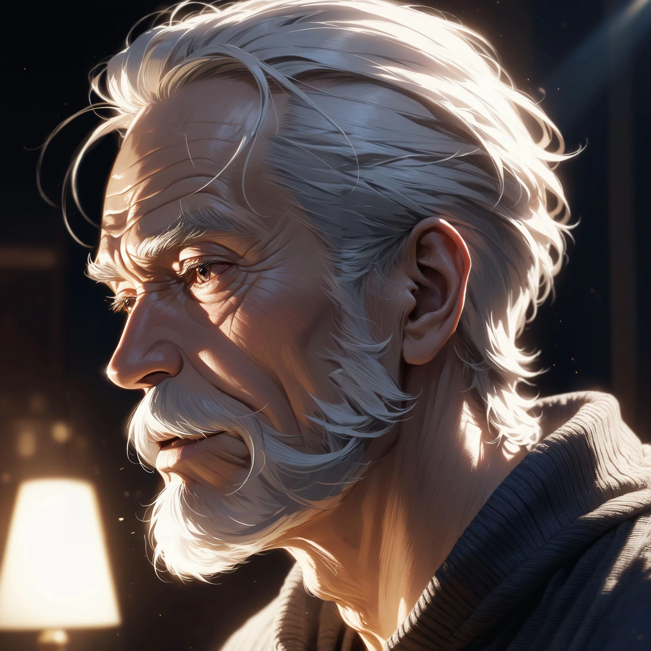 an old man,portrait,upper body,wearing pullover,cinematic light,sidelighting,depth of field,masterpiece,intricate,very aesthetic,absurdres,newest,realistic