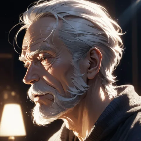 an old man,portrait,upper body,wearing pullover,cinematic light,sidelighting,depth of field,masterpiece,intricate,very aesthetic,absurdres,newest,realistic