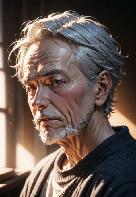 an old man,portrait,upper body,wearing pullover,cinematic light,sidelighting,depth of field,masterpiece,best quality,intricate,very aesthetic,absurdres,newest,ai-generated,photorealistic